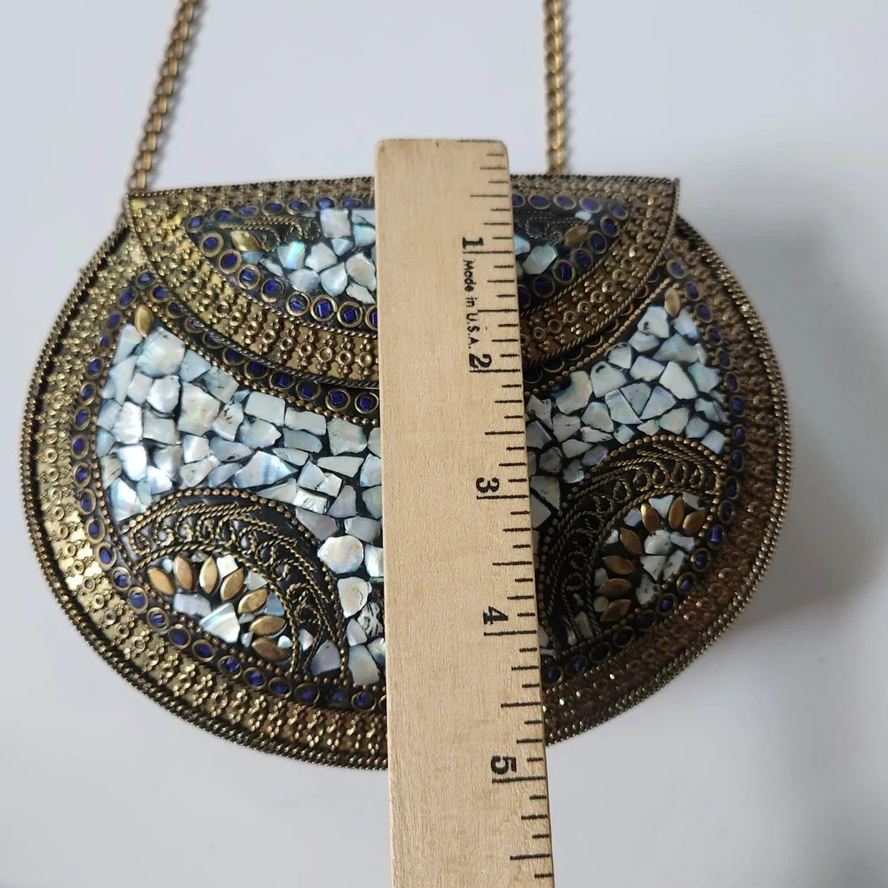Vintage Handmade Brass Mother of Pearl Mosaic Crossbody Clutch Purse Bohemian